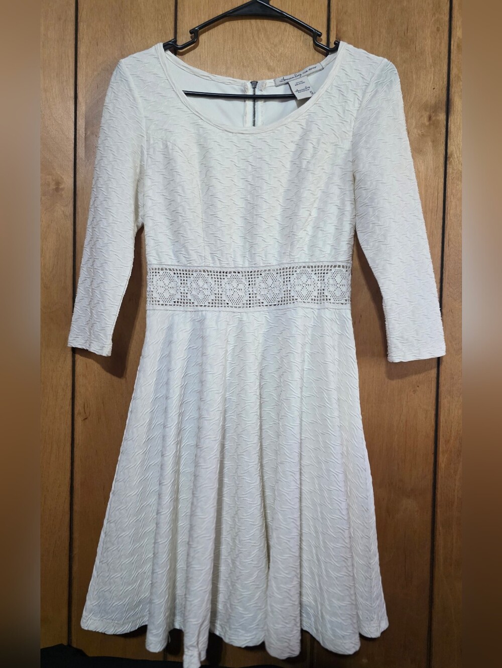 American Rag Cie Cream Textured Fit-and-Flare Dress with Crochet Waist- Size-S